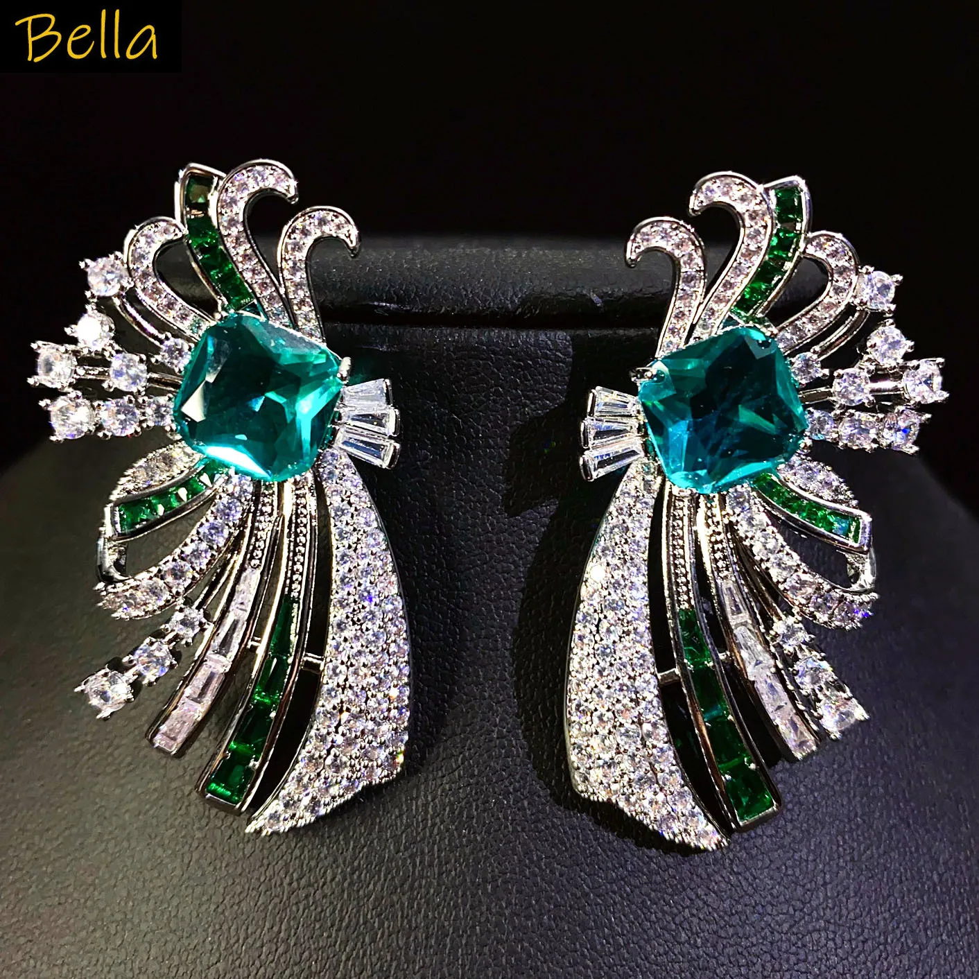 fashion cubic zirconia earrings for women shiny silver color jewelry gala event dinner party green white red large stud earrings