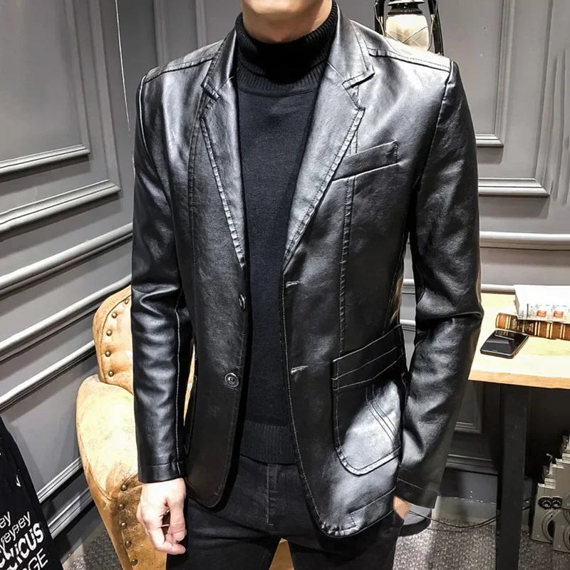 

Single Breasted Business Coat, Fashion Streetwear Spring Autumn Korean Style Men's Slim Fit Motorcycle PU Leather Jacket