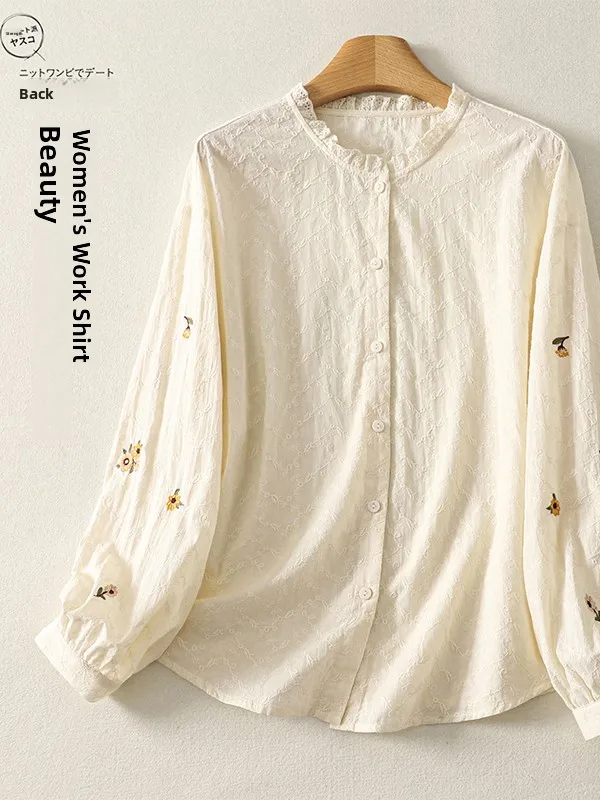 

Artistic Embroidered Floral Casual Long Sve Stand Collar Button up irt for plus Size Women Autumn New Sle Comfortable Top