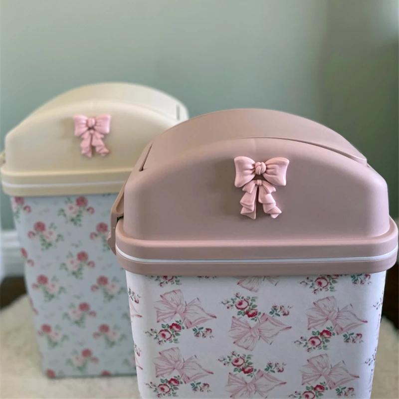 Leather Trash Bin Girly Floral Bathroom Trash Can Paper Basket Retro Kitchen Trashbin with Lid Large Capacity Storage Basket