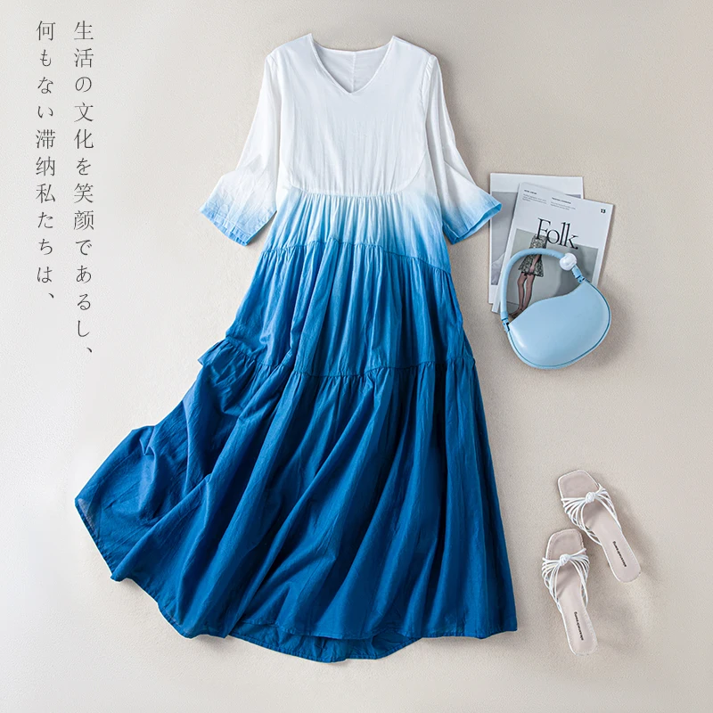 

2024 Summer New V Neck Dyed Gradient Double Layered Cotton Casual Big Swing Long Dress Women Oversize Holiday Clothes X1397