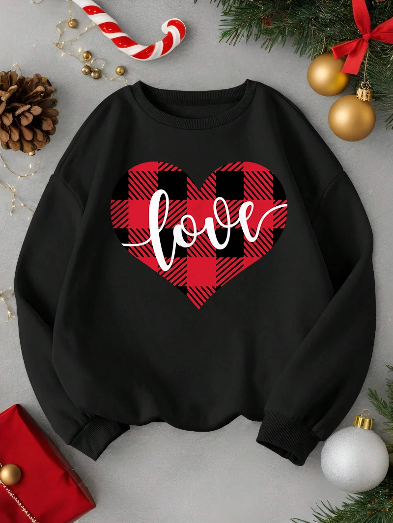 Christmas Sweatshirts Men Heart Love Printing Casual Hoodies Fleece Warm Crewneck Loose Pullovers Festival Red Clothes Man Tops