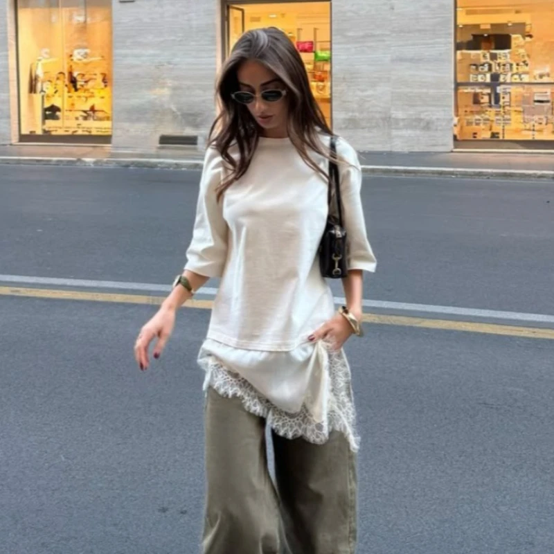 

Tsiisd Fashion Lace Patchwork T-Shirt Top Women Commuting Elegance Loose Asymmetry Printing Casual Summer 2026 New Female Top