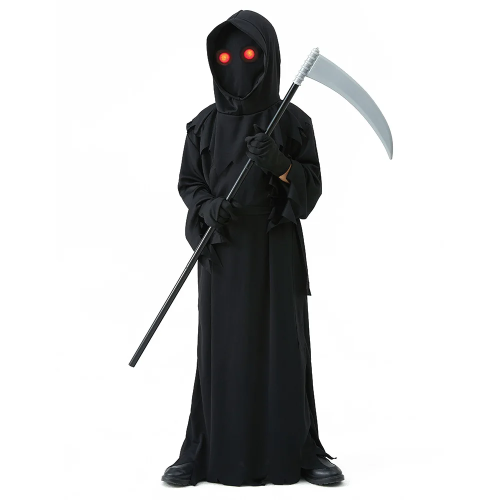 Disfraz de Halloween para niños, disfraz de esqueleto aterrador Grim Reaper, ojos rojos brillantes, bata de fantasma Grim Reaper, enviar accesorios de guadaña