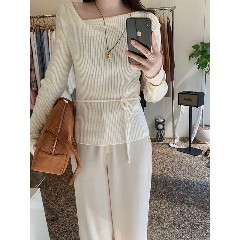 

Вязаный свитер Long Sve для поездок на работу, женский мягкий свитер с V-образным вырезом для похудения, цветной базовый слой с поясом, топ