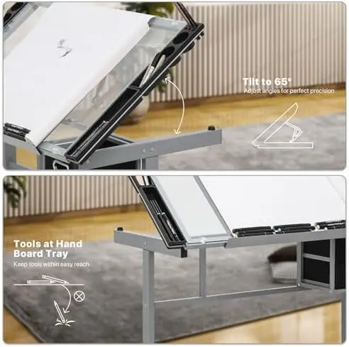 41" Drafting Table Adjustable Angle Drawing Table Tempered Glass Art Desk Metal Frame Craft Desk for Artist with Fabric view 4