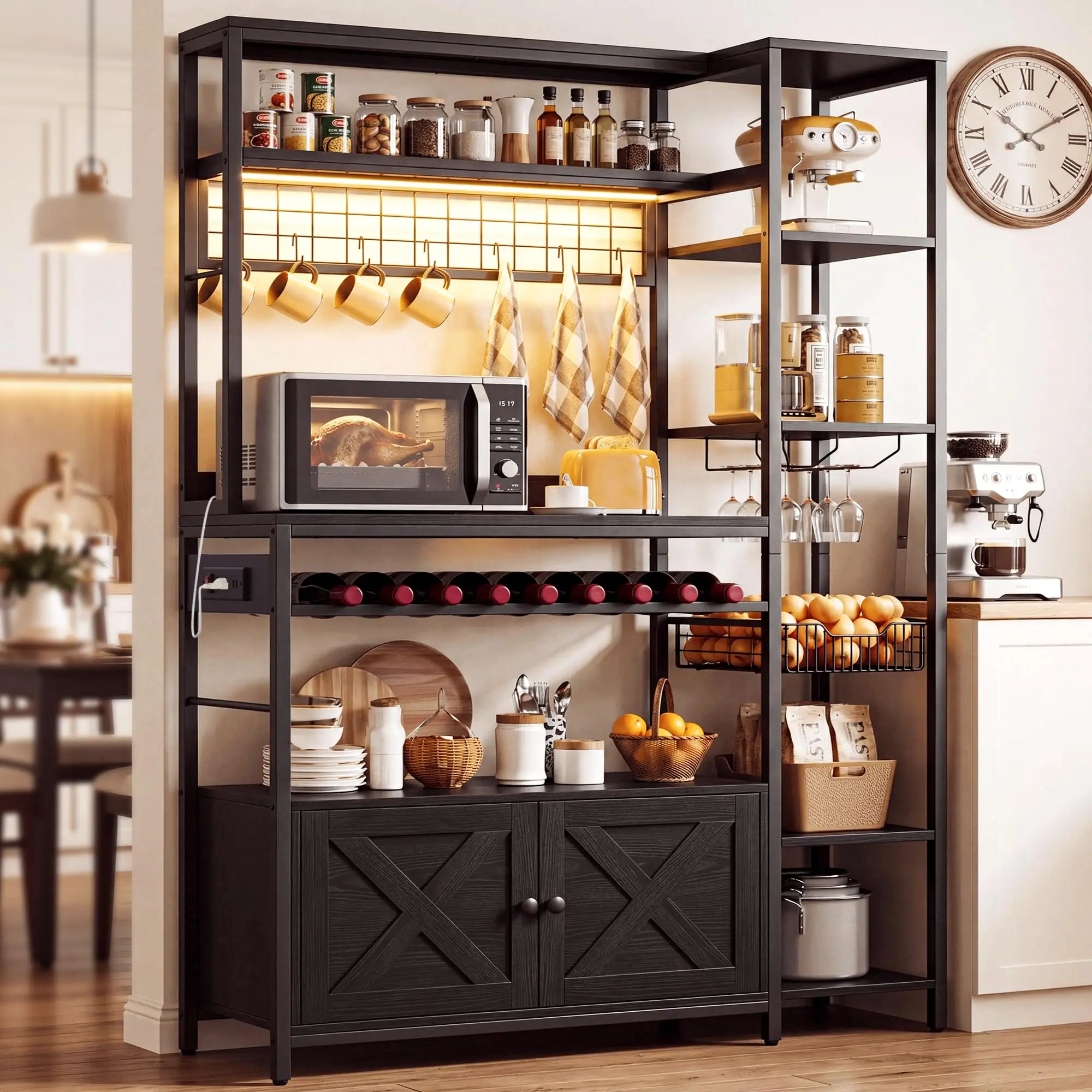 Bakers Rack with Storage Cabinet and Wine Basket, Vintage Black | 47.2-inch-wide bakers rack with power outlet and LED