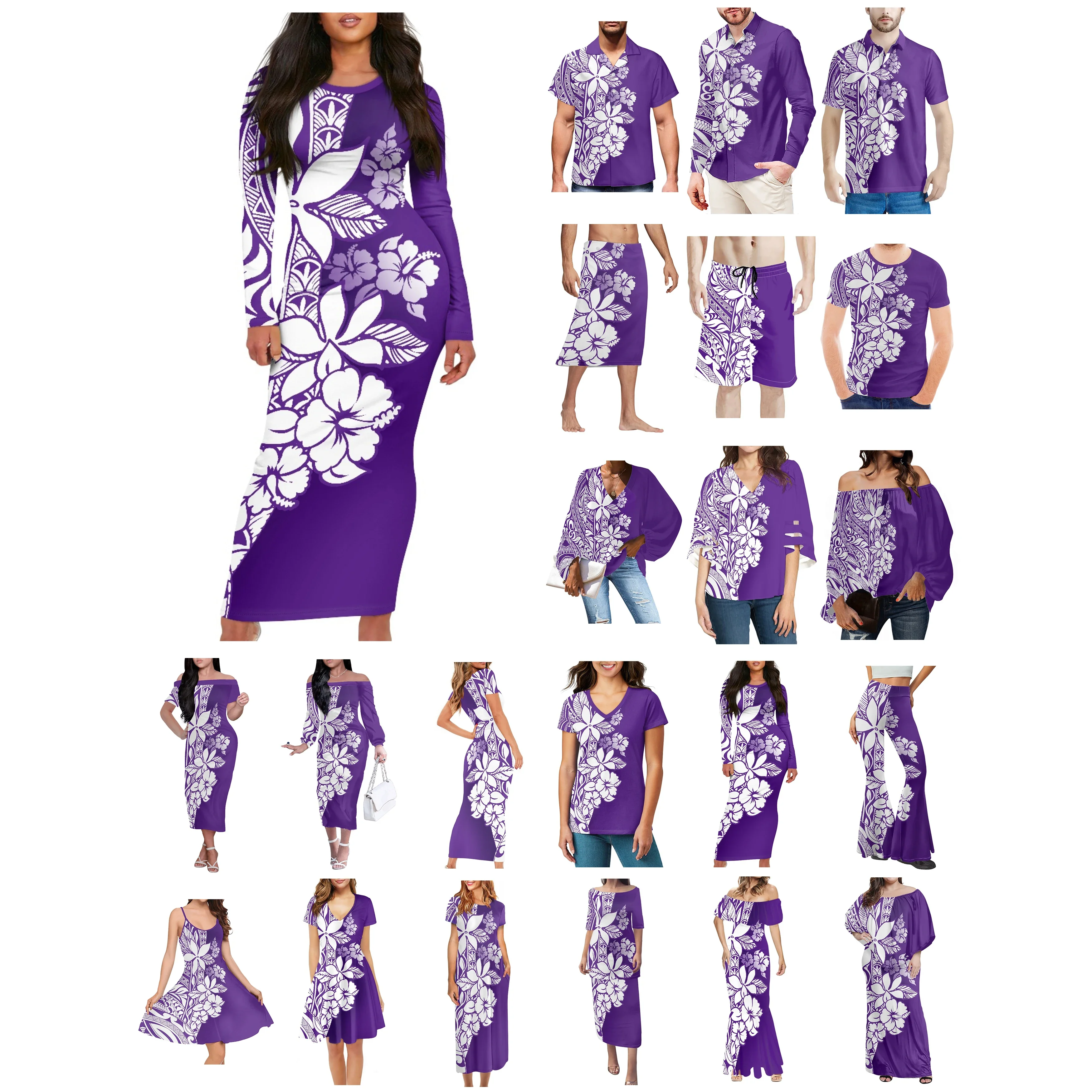 Polynesian Tonga Hawaii Fiji Guam Samoa Pohnpei Tribal Tattoo Prints Clothes Women Dress Matching Men Shirt Purple Lovers Clothe