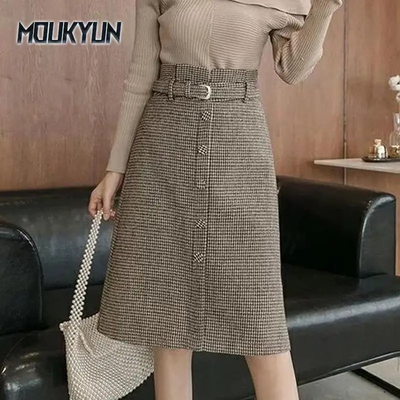 

Women Plaid Wool Blend Midi Belted Skirts High Waist Slim Houndstooth A-Line Knee Length Skirt Female Faldas