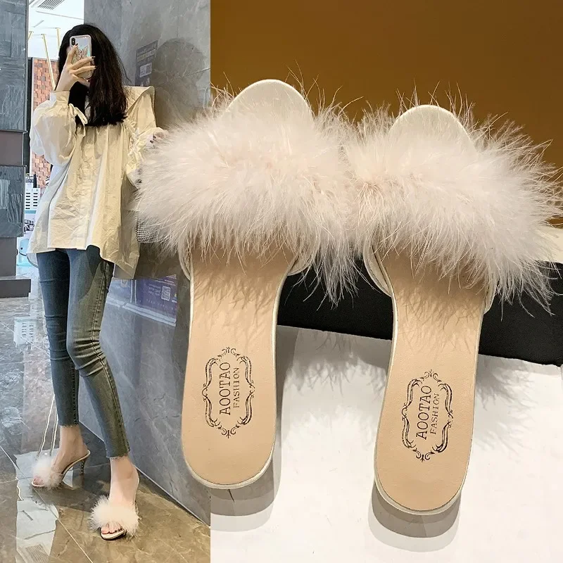 2024 Summer New Women\'s Slippers Stiletto Sandals Party Women\'s Flip-flops High Heels Furry Mule Shoes