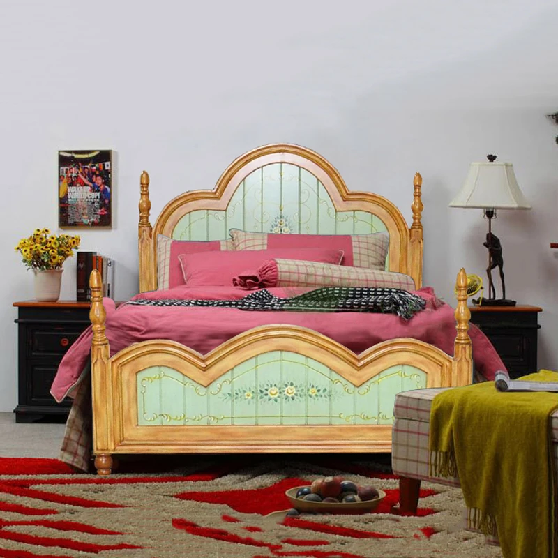 European American double bed 1.5 meters high back pillar bed master bedroom Mediterranean hand-painted retro