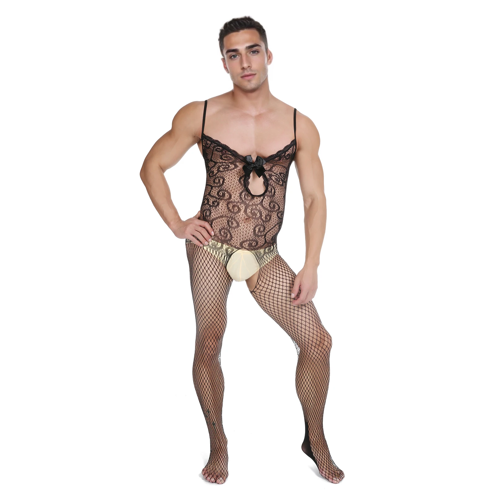 CLEVER-MENMODE Men Jumpsuit Fishnet Sexy Lingerie Pantyhose Crossdress Lace Spaghetti Bodysuit Stockings Buttocks Crotchless