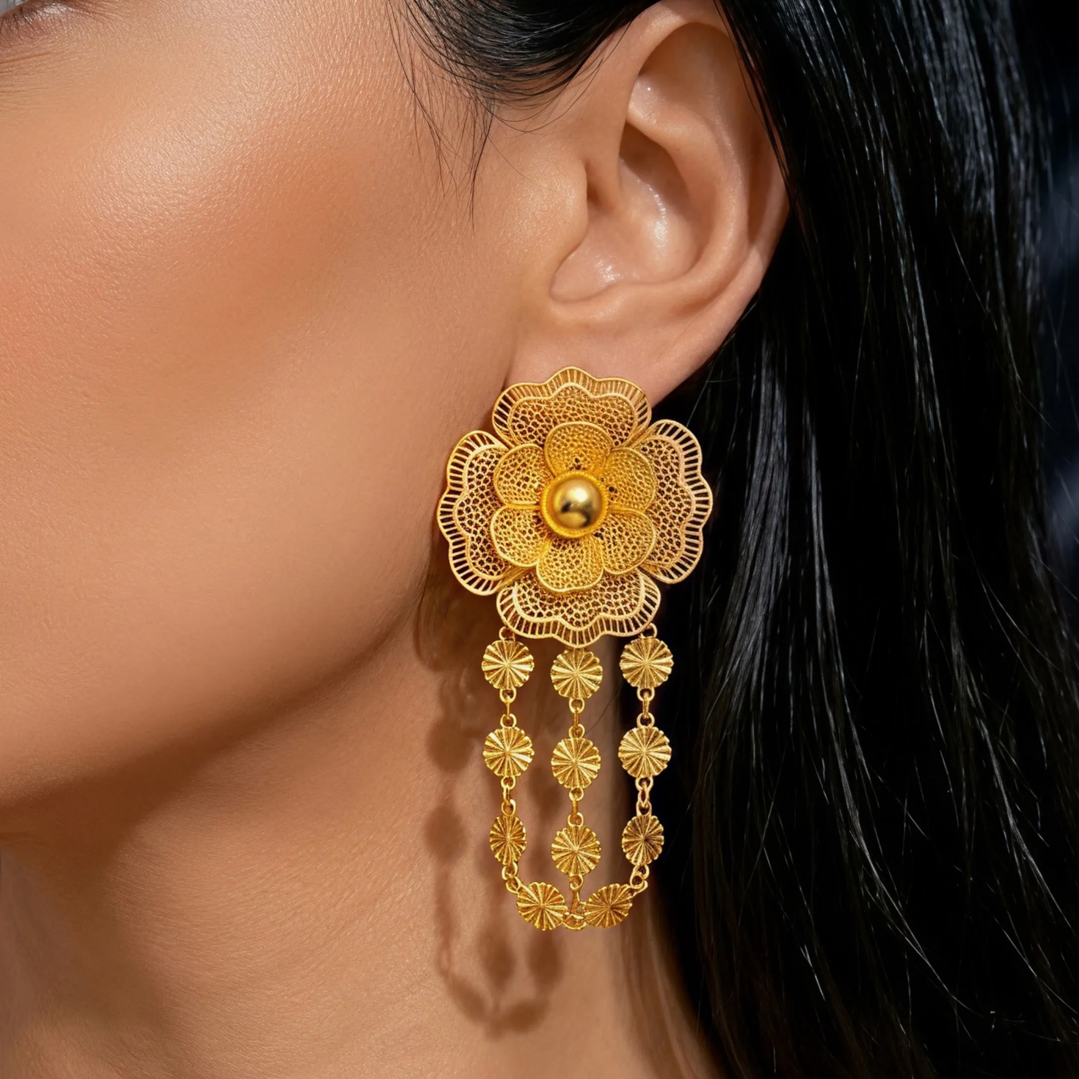 Luxury Dubai Long Jewelry Sets for Women Bridal Ethiopian Indian 24k Gold Color Flower Necklace and Earring Banquet Party Gifts