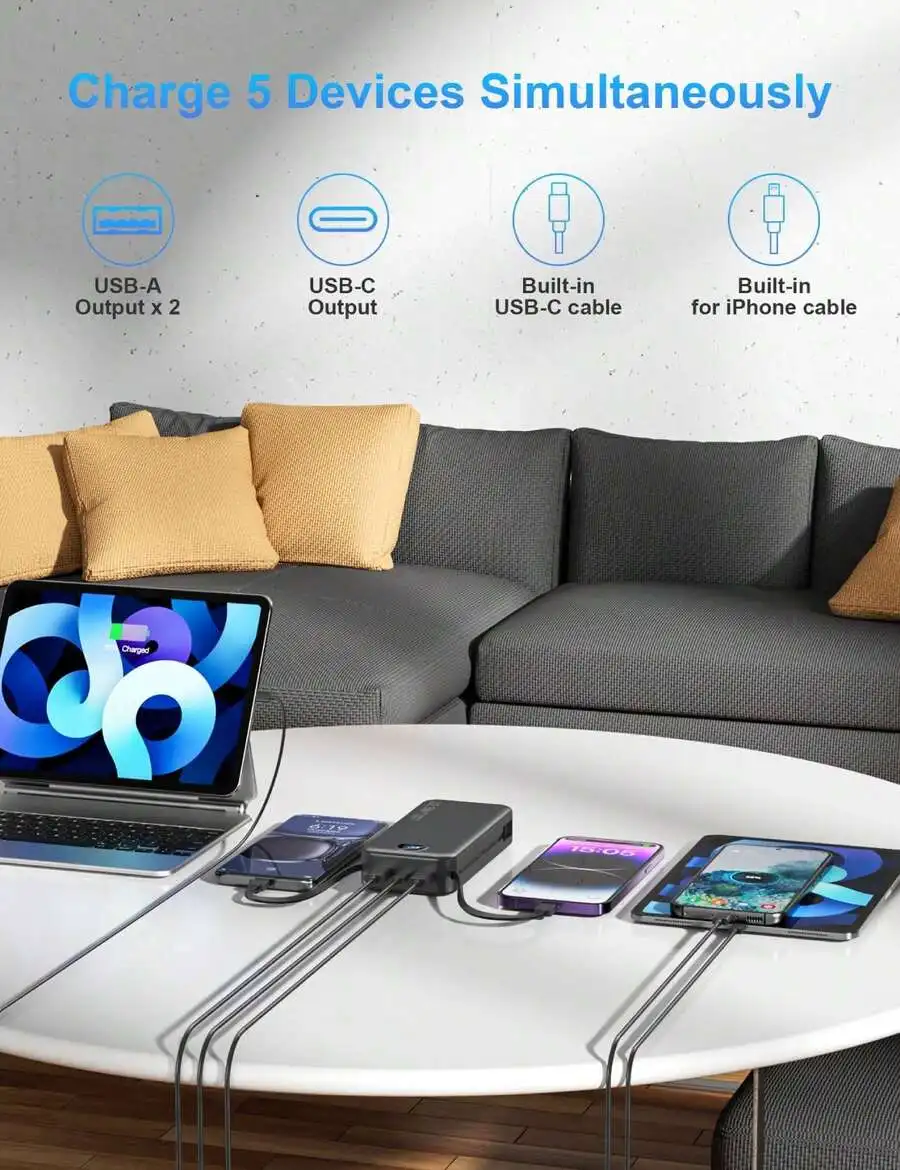 

20000mAh Slim Portable Power Bank With Built-In USB-C And Lightning Cables, 5 Devices Fast Charging
