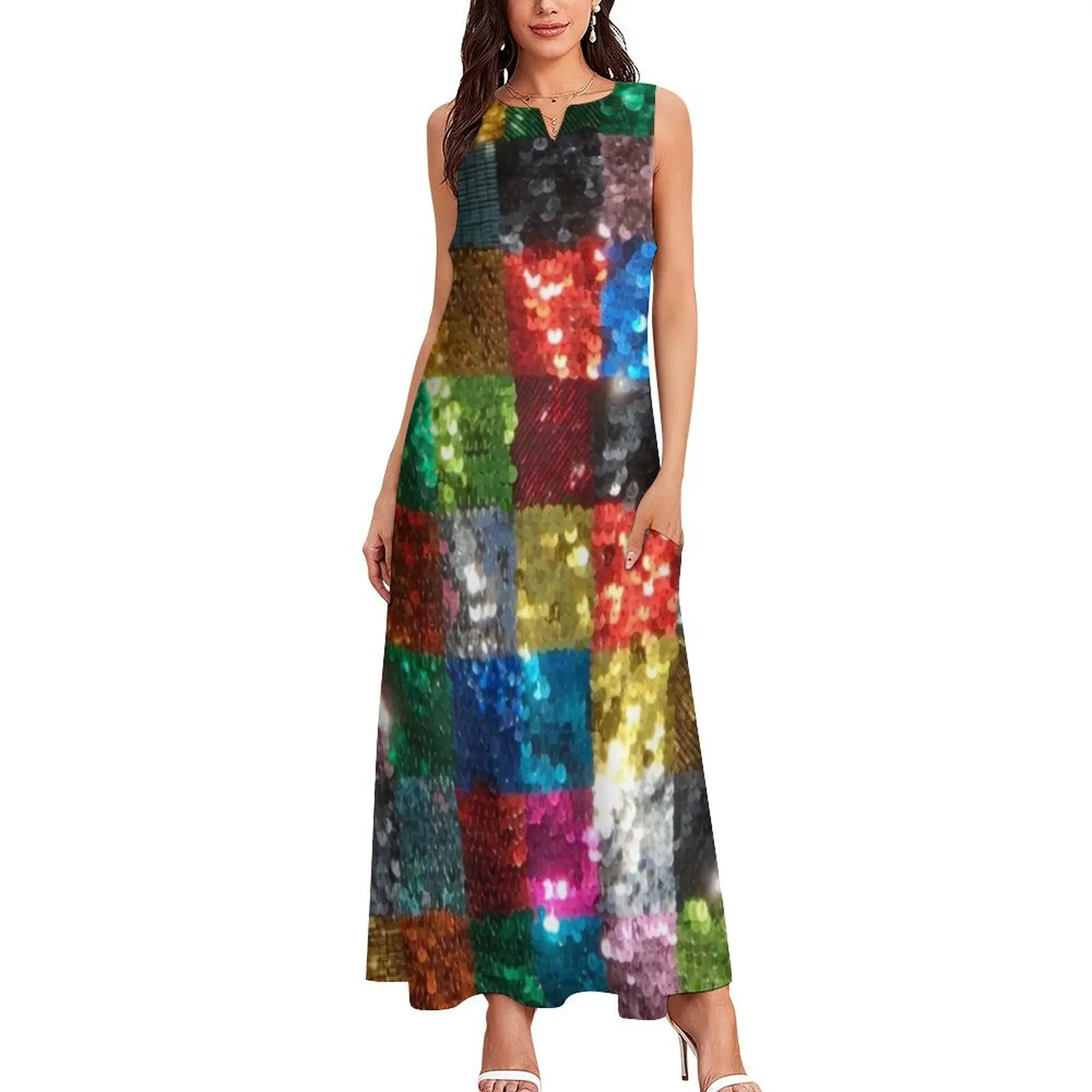 Sequins disco ball glitter party Patchwork sparkly 70s funky unicorn checkered squares colorful quilt pattern Long Dress