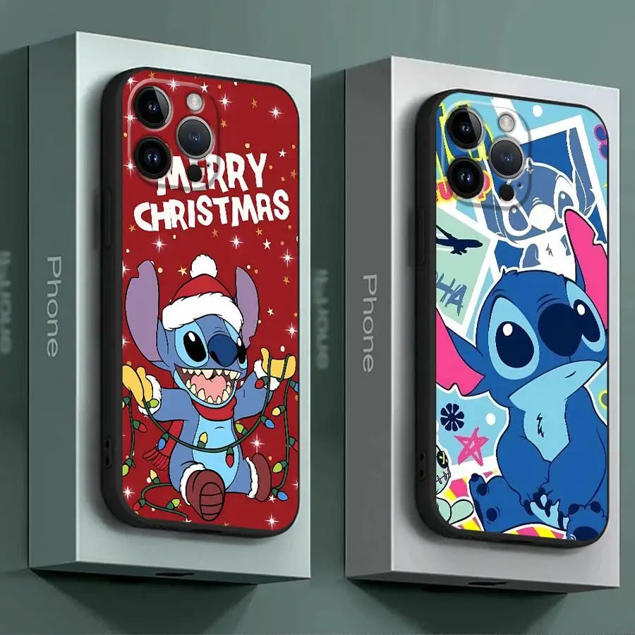 Disney Cute Stitch Phone Case for iPhone 16 Pro 13 Pro 14 XR 12 Mini 15 Pro Max XS X 7 8 SE 11 13pro Cover Black Soft