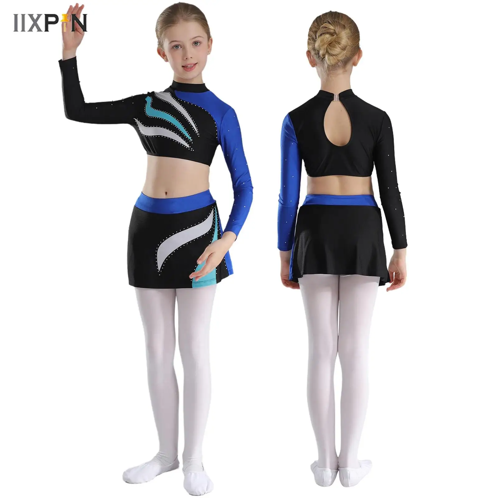 

Kids Girls Contrast Color Crop Top Keyhole Back Shiny Rhinestones Tops+Skirt for Gymnastics Figure Skating Cheerleading Dance