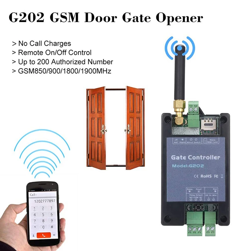 New G202 GSM Gate Opener Relay Switch 2G Remote Control 200 User Door Access Wireless Door Opener Free Call 850/900/1800/1900MHz