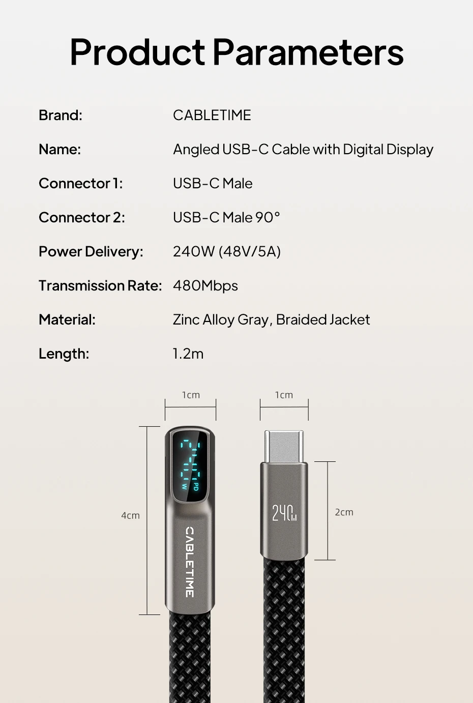 CABLETIME 240W USB-C-Kabel, Schnellladekabel mit Digitalanzeige, Typ-C-Kabel für Macbook, iPhone, Duo, Samsung S25, Laptop – Detail 12