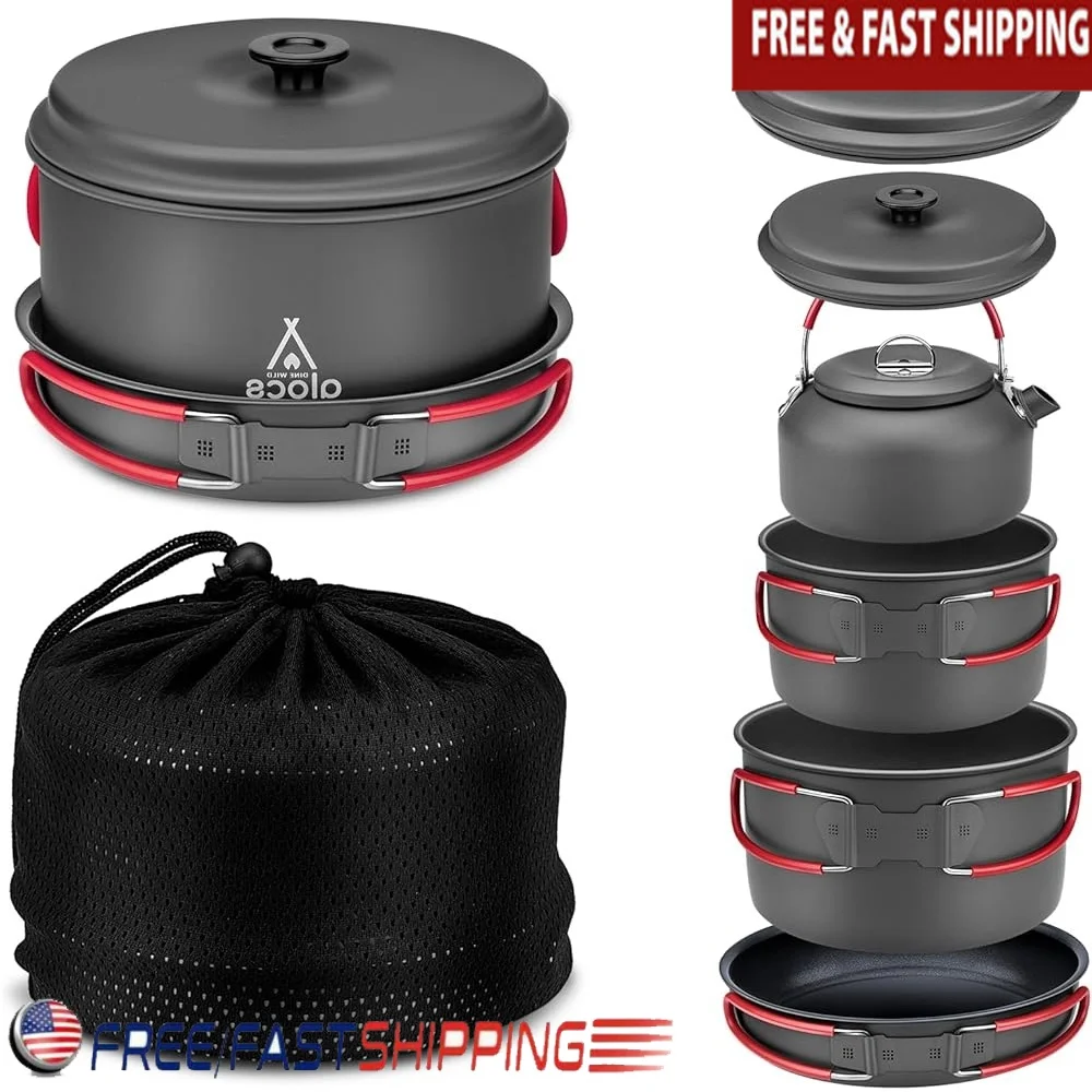 

Camping Cookware Set Outdoor Cooking Gear Lightweight Aluminum Pots Pans Kettle Frying Pan Compact Backpacking Cookware 4 in 1