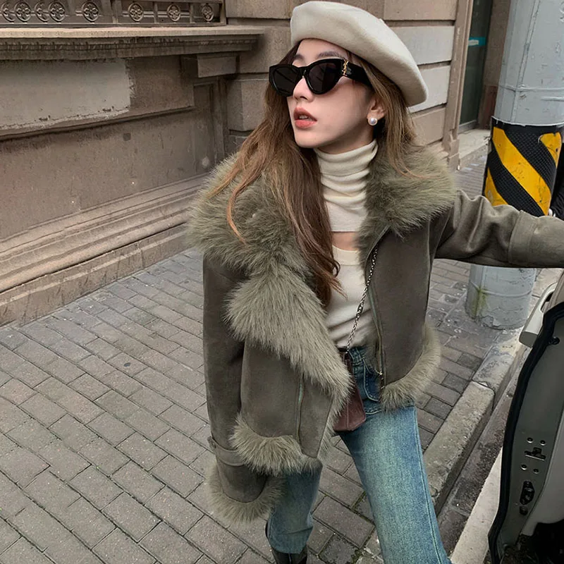 Autumn 2024 Winter New Fur One Jacket Women Outwear Blast Street Suede Short Locomotive Clothing Slim Korean Casual Jacket Tops