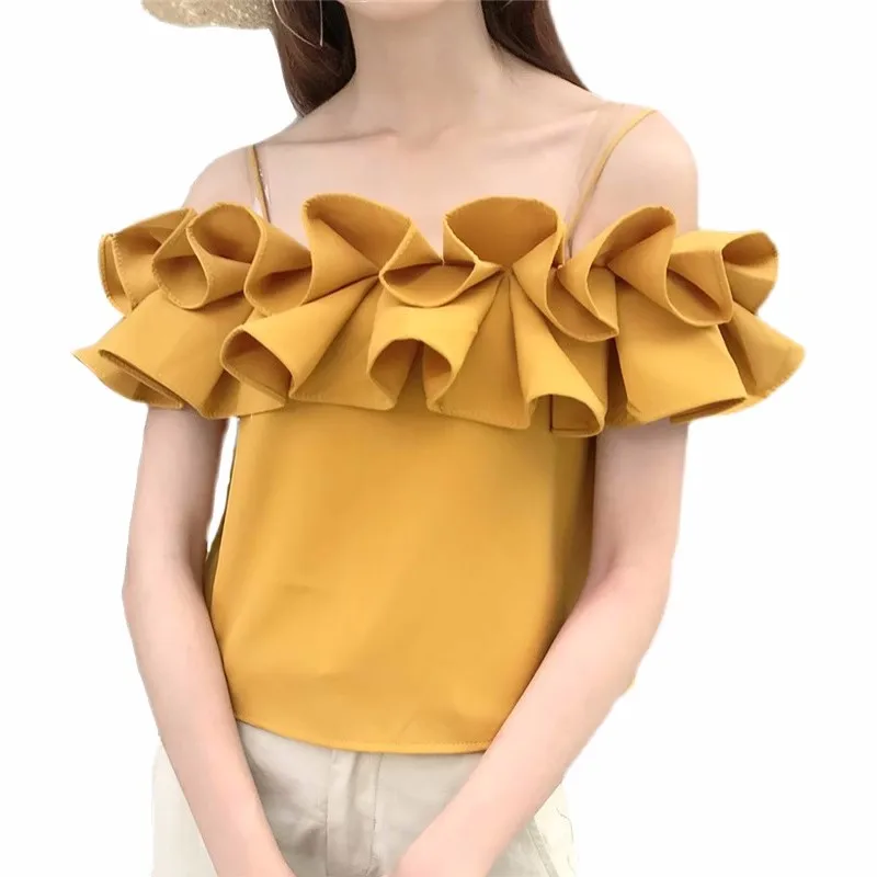 

New Summer Women Strapless Ruffles Blouse Slash Neck Spaghetti Strap Chiffon Blouses Lady Backless Short Sleeve Shirt Short Tops