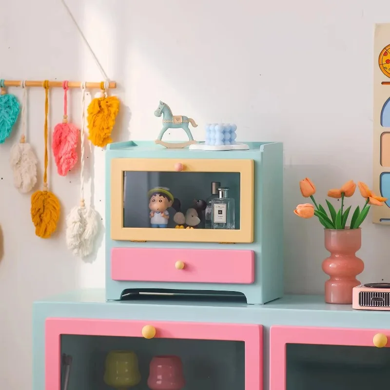 

Dopamine Dustproof Makeup Organizer Colorful Tabletop Perfume Display Case Multifunctional Cosmetic Storage Cabinet with Drawers