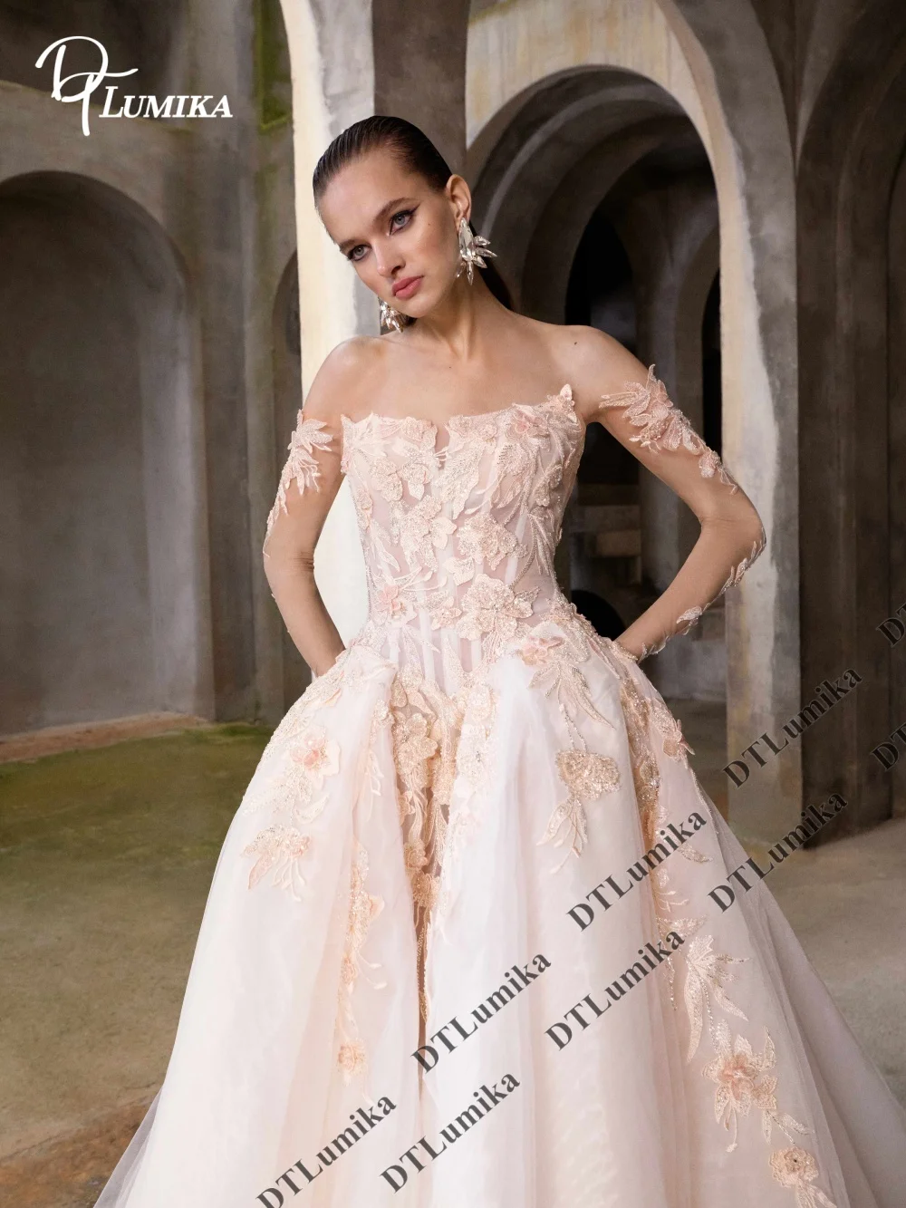 Romantic Champagne Lace Wedding Dress Sheer Long Sleeves Open Back Ball Gown Cathedral Train Floral Appliques Custom Bridal Gown