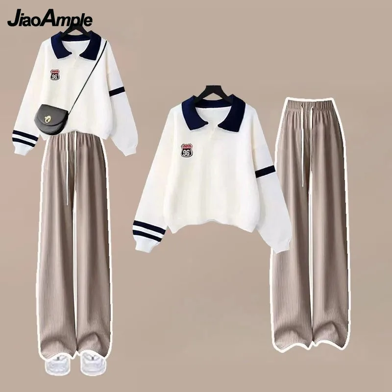 Girls\' Autumn Winter New Casual Tracksuit Matching Set Korean Elegant Loose POLO Sweatshirt+sports Wide Leg Pants Two-piece Suit