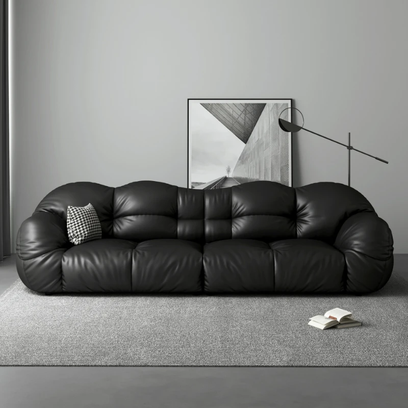 

Italian minimalist leather sofa three-person designer black retro straight