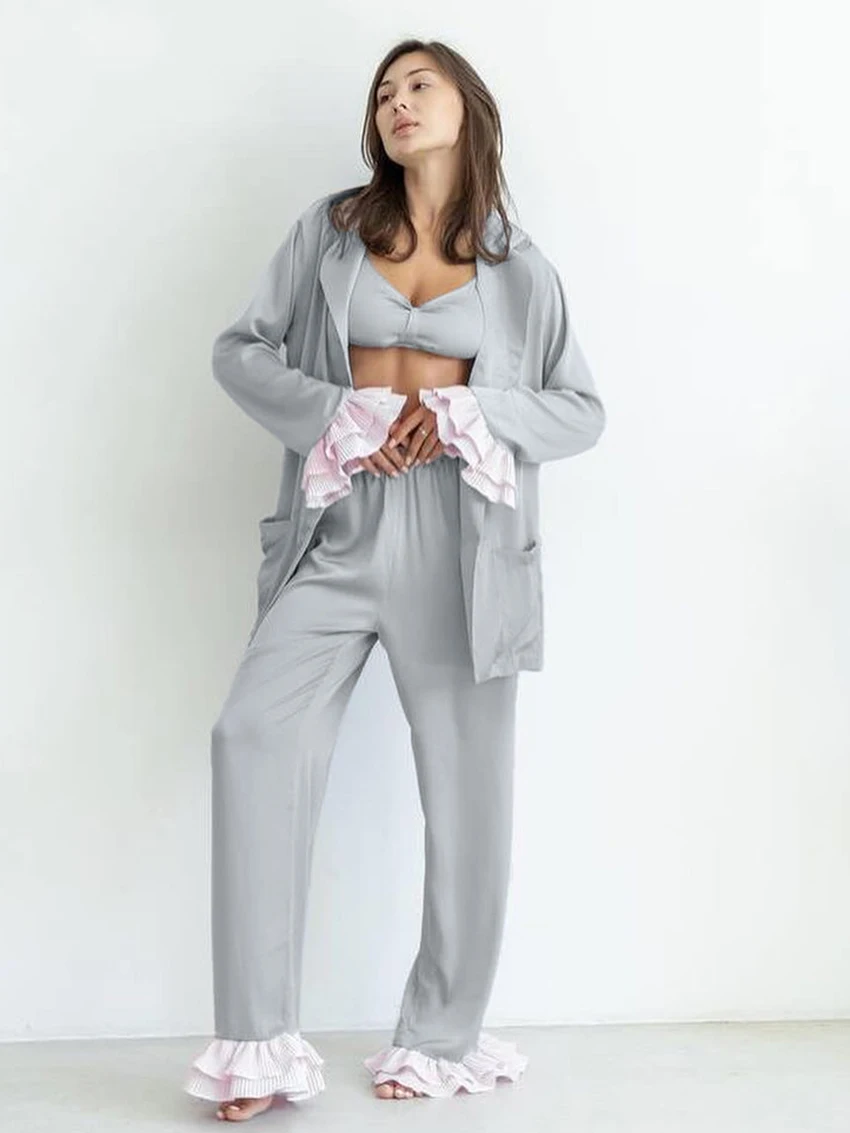 Marthaqiqi Casual Women Nightwear Set Long Sleeve Robe Turn-Down Collar Pajamas Sexy Lingerie Pants Loose Ladies Nightgowns Suit