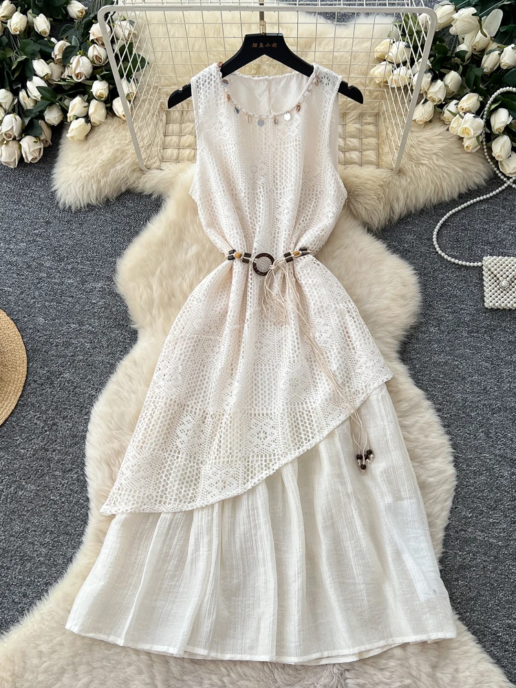 Retro Design Asymmetrische aushöhlen Gestrickte Gürtel Taille rund Ne Svel Dr Frauen Hohe Taille A-Linie Sommer Pendeln