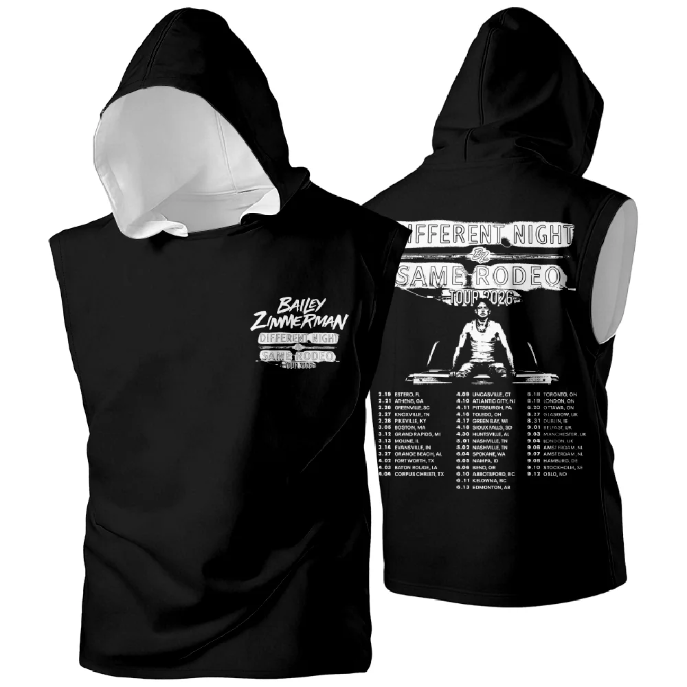 Bailey Zimmerman Different Night Same Rodeo 2026 Tour Camiseta sin mangas con capucha unisex, estilo casual y urbano