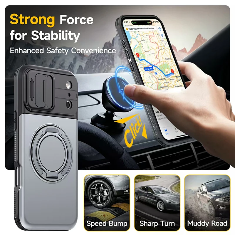 Funda para iPhone 18 Pro Max 13 14 15 16 17 con protección de lente E, ventana deslizante, placa trasera invisible, espacio para tarjetas y soporte giratorio