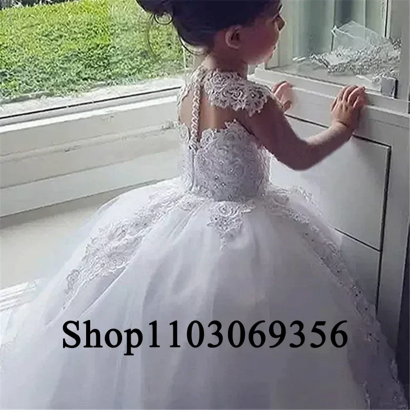 2025 White Sleeveless Ball Gown Princess Flower Girls Dresses Appliques with Beaded Stunning Cute Girls First Communion Dress