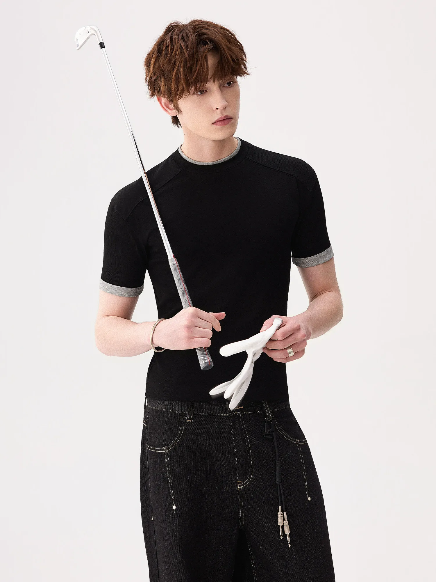 Male Spring 2026 New Trendy T-shirts Fashion Men's Handsome Slim Fit Knitted Short-sleeved Tops Stylish Color Matching Chic Tees