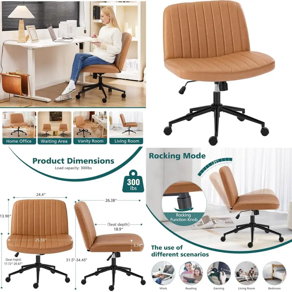 

Adjustable Swivel Desk Chair with Wheels, Wide Legged, Fabric Seat, Armless, Comfortable for Home Office Use, Brown PU Leather