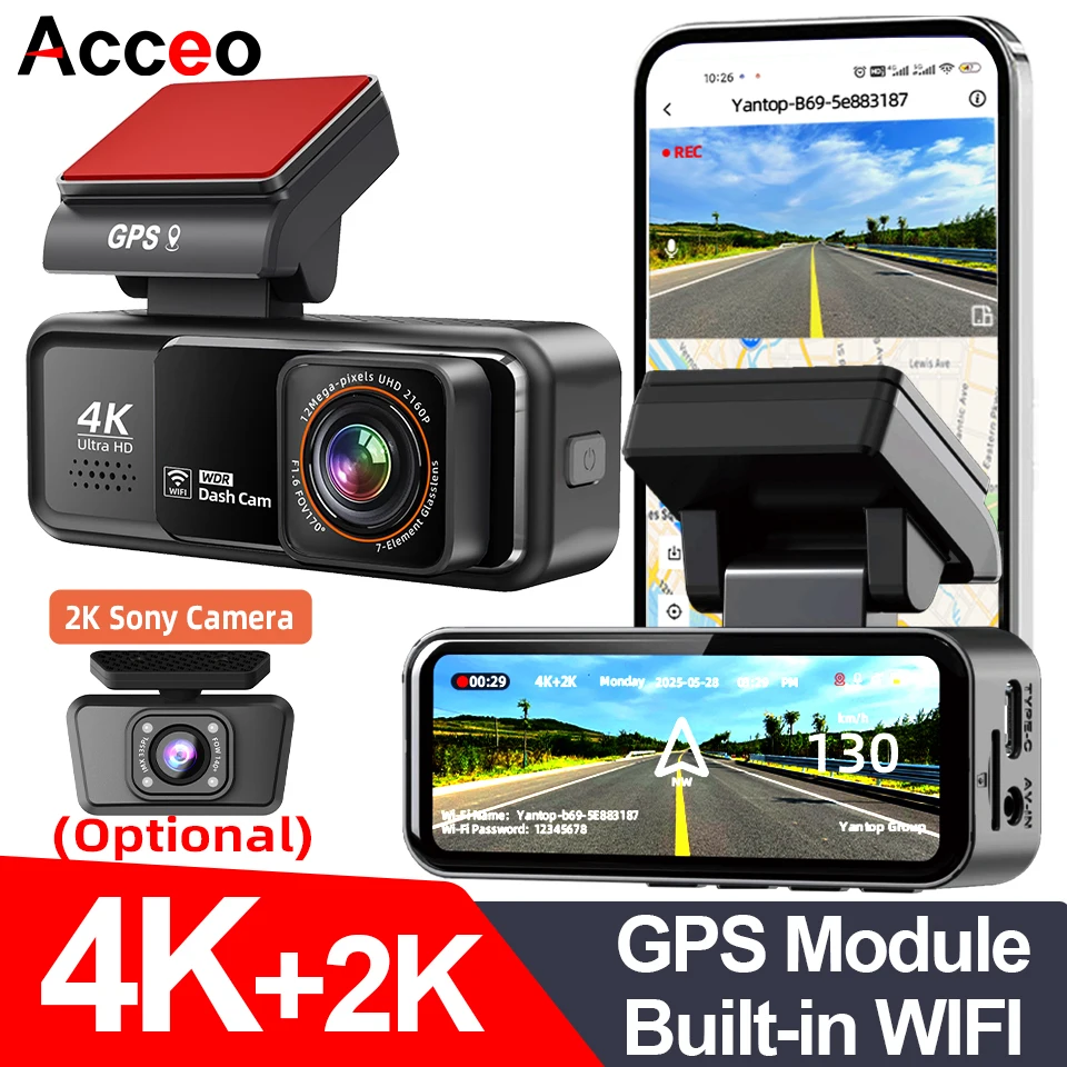Видеорегистратор Acceo 4K, WIFI, автомобильный видеорегистратор, двойной объектив, передняя 4K и задняя часть, 2,5K, поддержка GPS-камеры заднего вида, ночное видение, 24 часа, парковка