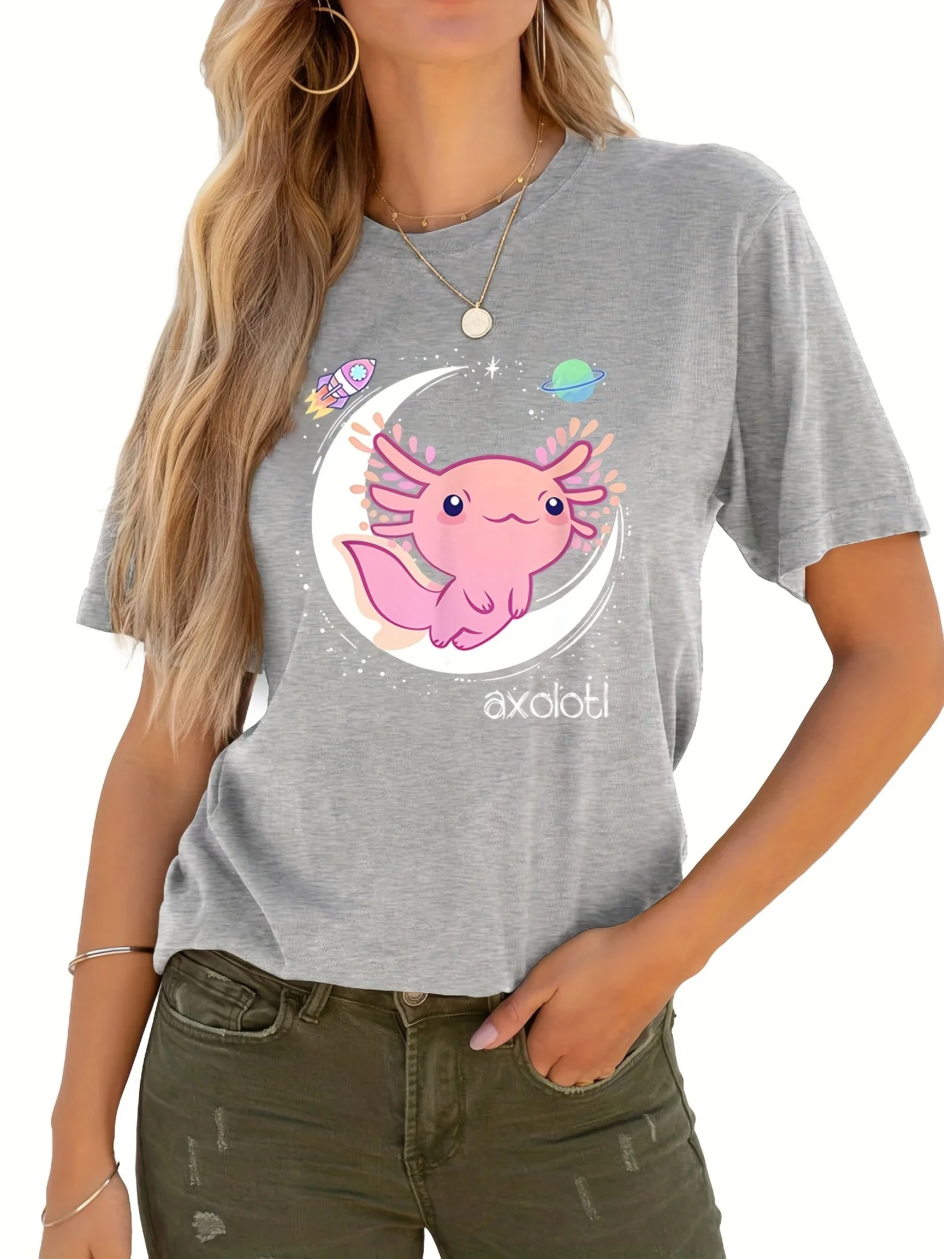 

Cartoon Axolotl Print Crew Neck T-Shirt, Kawaii Short Sleeve T-Shirt For Spring & Summer, Women's Clothing