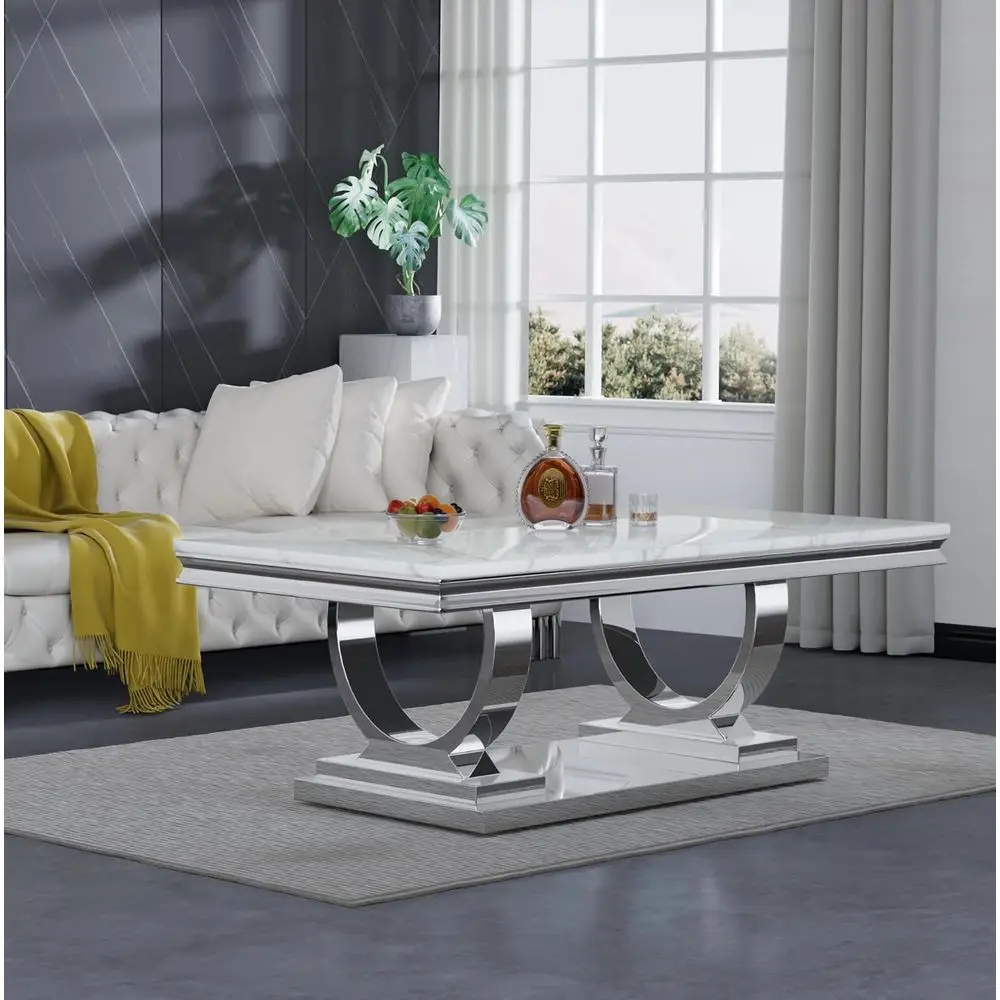 

47 High-Gloss Silver Stainless Steel Base Coffee Table with Imitation Marble Top for Living Room