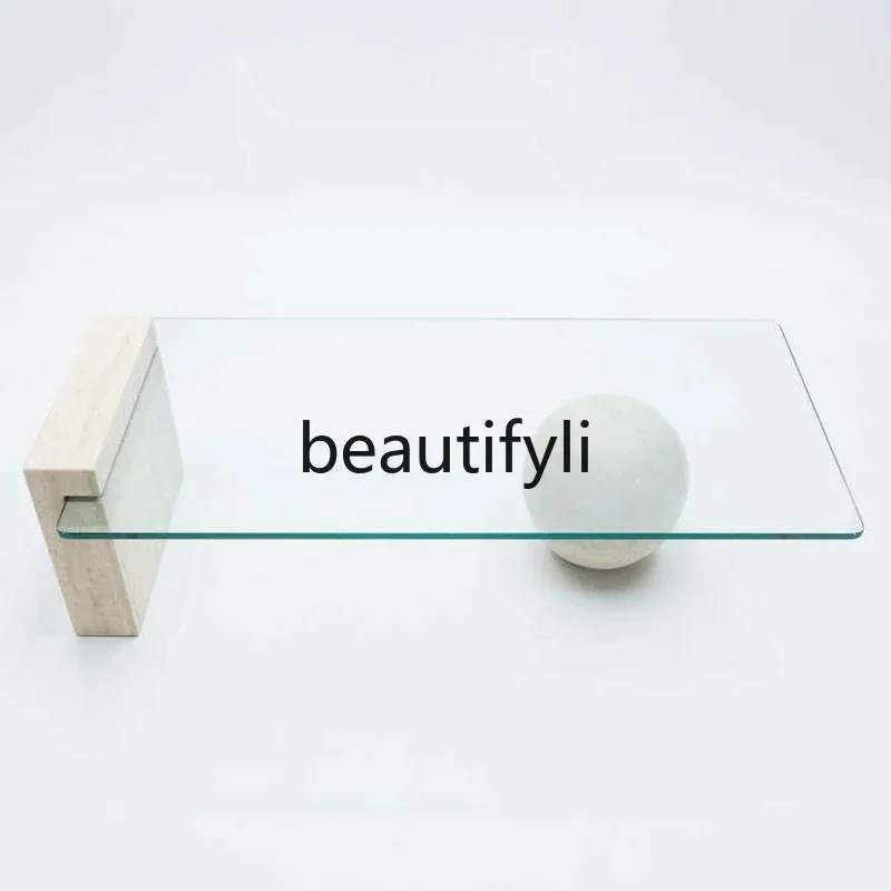 

B6 Minimalist natural travertine coffee table rectangular tempered glass small apartment modern simple light luxury designer
