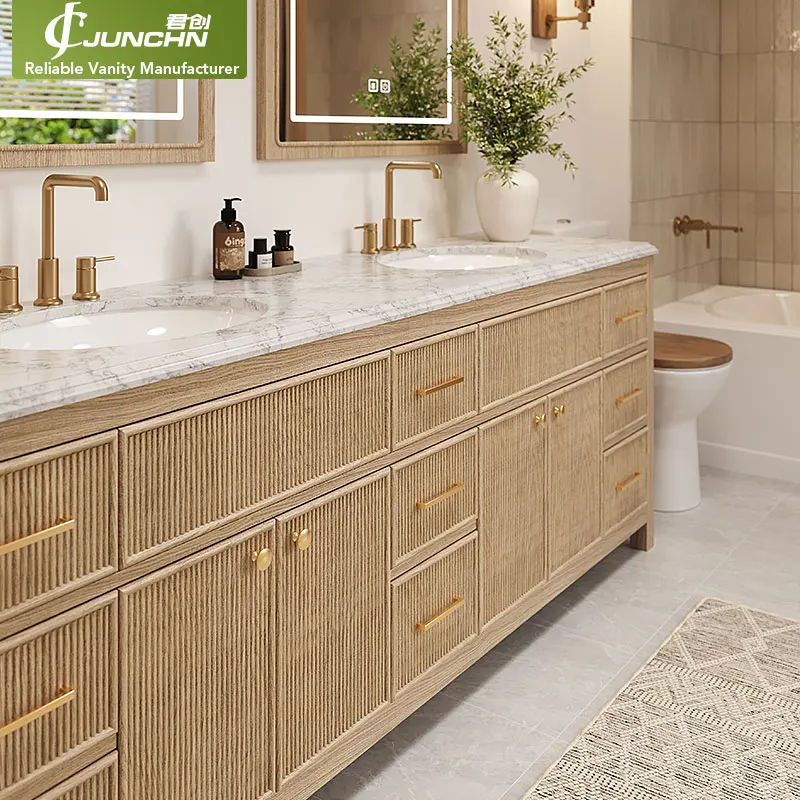 America Hot Coastal Freestanding Double Basin Bathroom Vanity, Elm Oak Veneer Vertical Fluted Panel Cabinet With Marble Top
