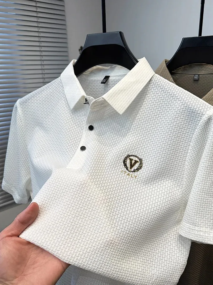 Polo de manga corta de alta gama para hombre, con solapa, diseño de letras y estampado de diamantes, de seda helada transpirable, nueva moda de verano
