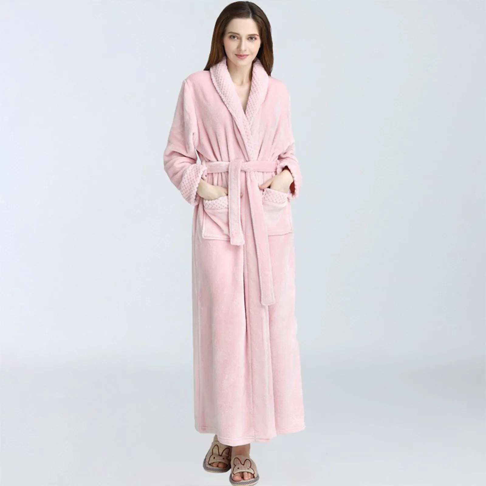 

Autumn Winter New Women'S Pajamas Comfortable Sleepwear Women Nightgown Thickened Extended Yukata Flanne Solid Color Bathrobe