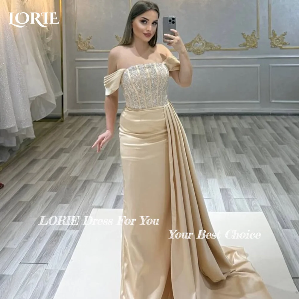 

LORIE Glitter Champagne Mermaid Evening Dress Sparkly Off Shoulder Pleats Prom Dress Sexy High Slit Bride Party Gown Customized