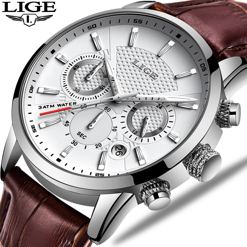 

LIGE Mens Watches Luxury Waterproof Military Sport Man Watch Chronograph Genuine Leather Men Quartz Wristwatch Ship From US