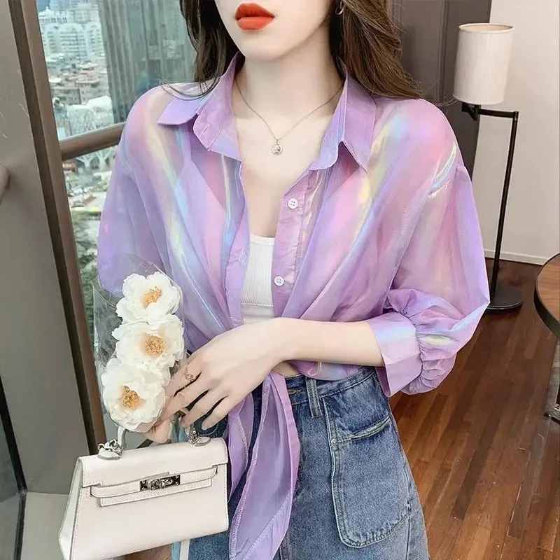 Women's Sunscreen Cardigan Polo Collar Thin Fashionable Korean Version Loose Tie Up Button Solid Top Y2k Casual Shirt For Women