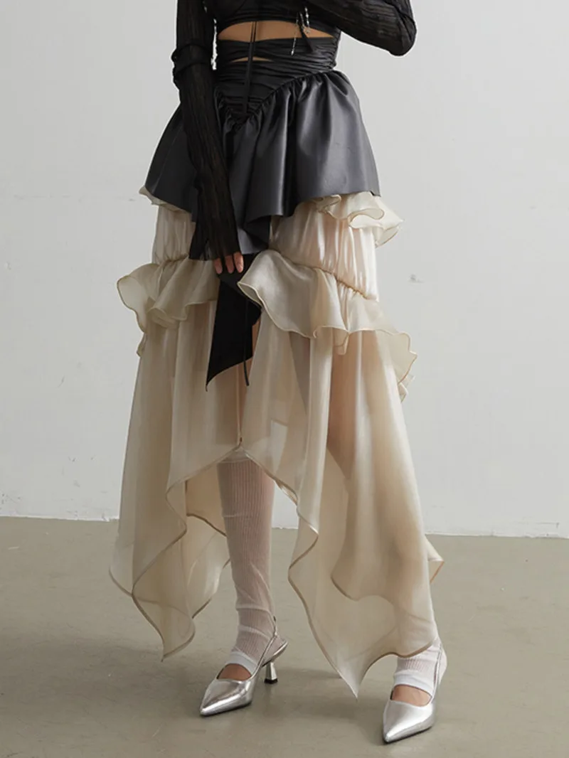 Champagne Waist High Elastic Glossy Irregular Ruffles Elegant Skirt Women Fashion New Spring Autumn 2026 S5WQ
