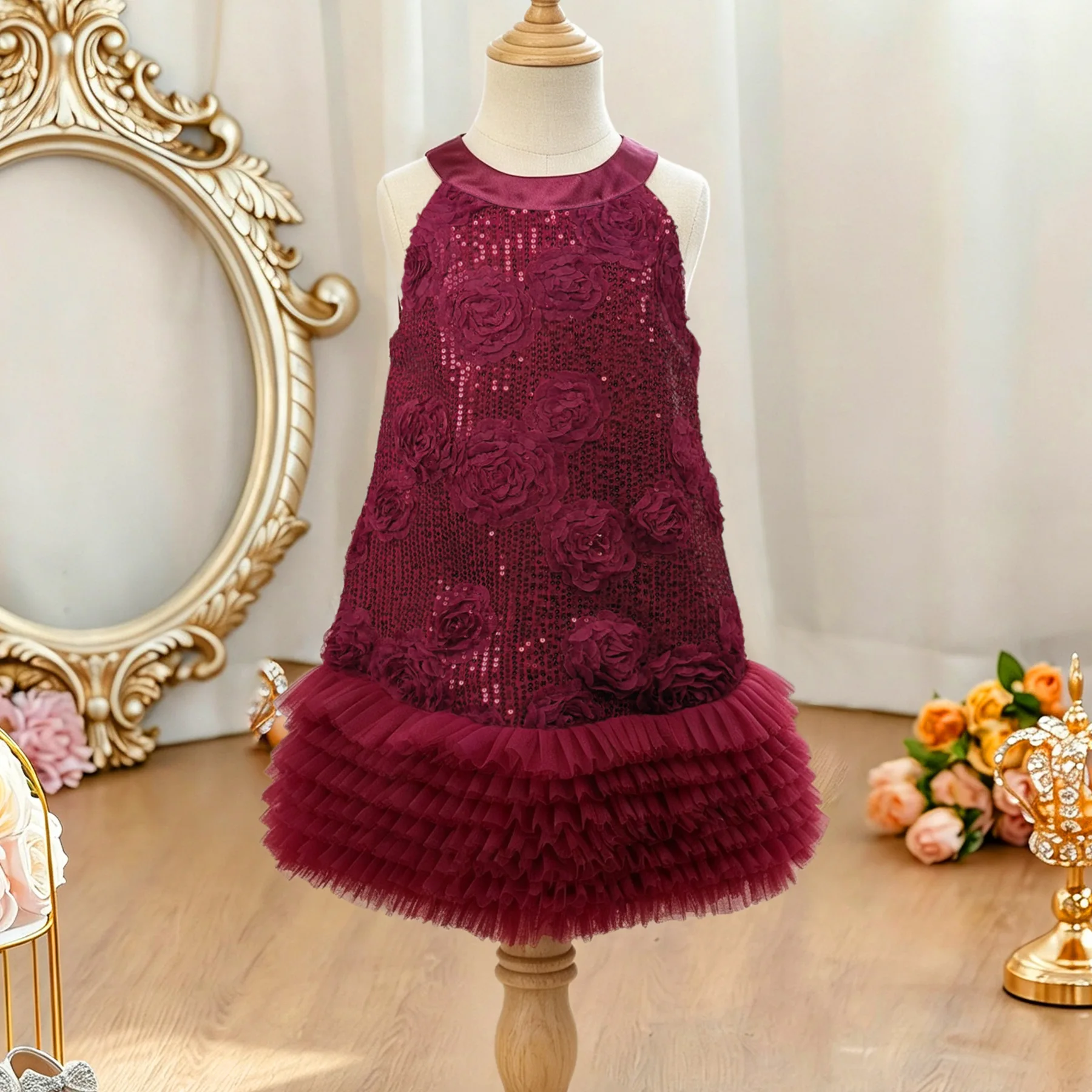 2026 New Baby Summer Wine Red  Boutique Sequined Mesh Vest Dress, Princess Kids Sweet Fashion Party Dress 3-8T