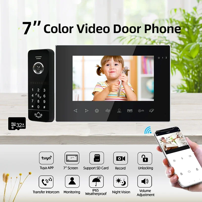 1080P System  7 Inch Tuya Video intercom Wireless WiFi password Door Home Video Doorbell With RFID Unlock Motion Detection